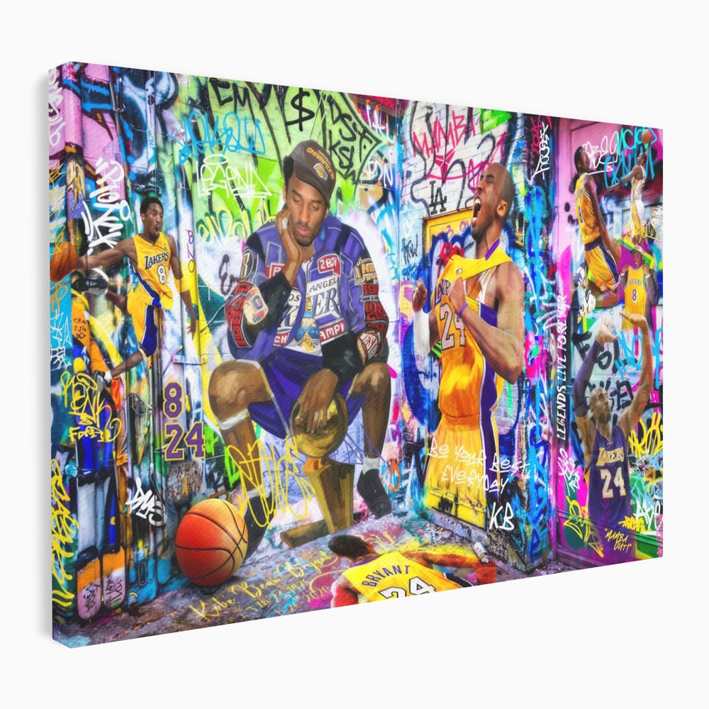 Tablou canvas cu tablou canvas cu kobe bryant si graffiti, fara rama, pe sasiu de lemn